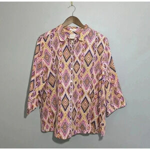 Chicos 100% Linen Multicolor Southwestern Button Up Top Sz 3 XL 3/4 Sleeve Ikat